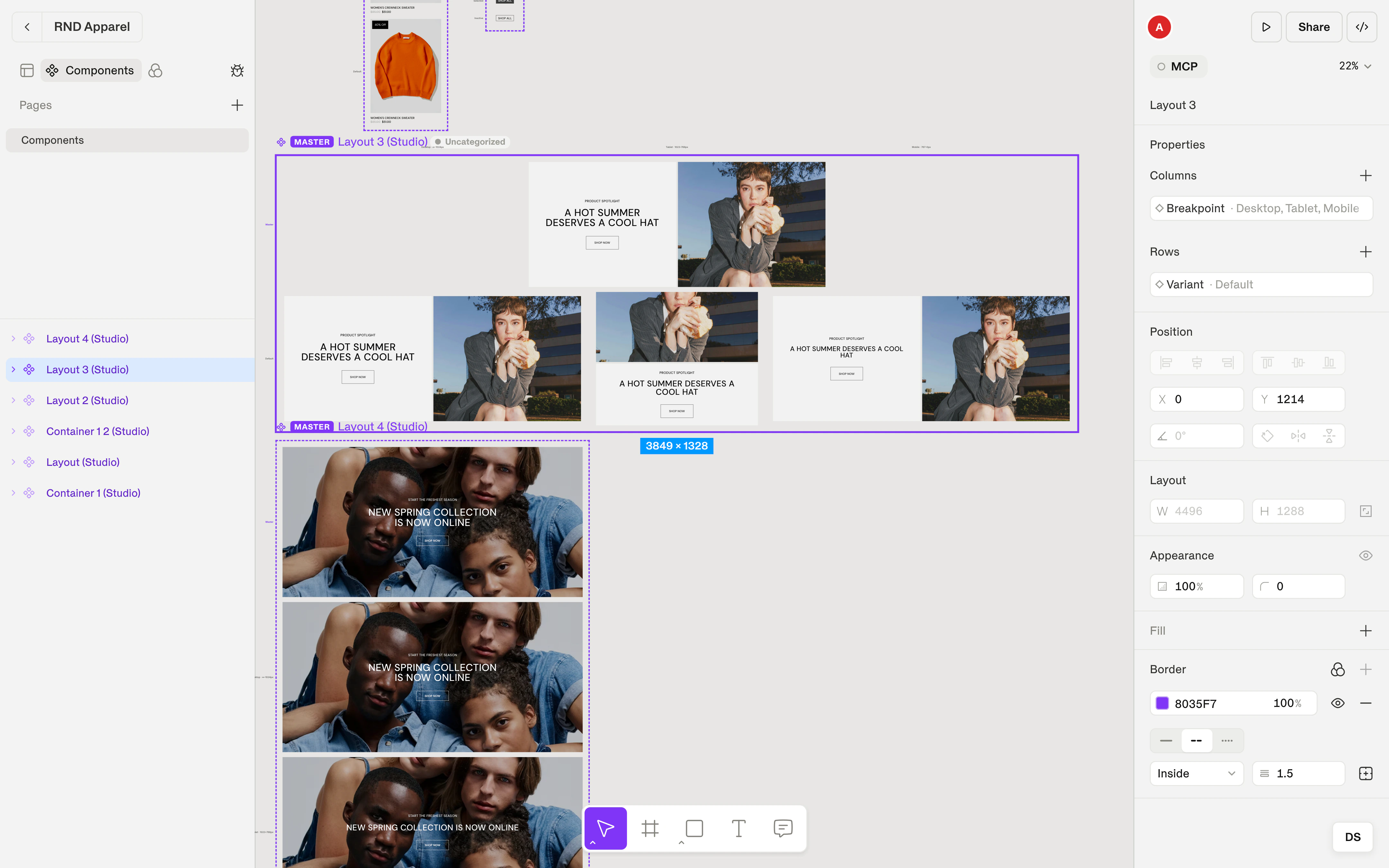 A component Studio with Desktop, Tablet and Mobile columns and the Properties panel.