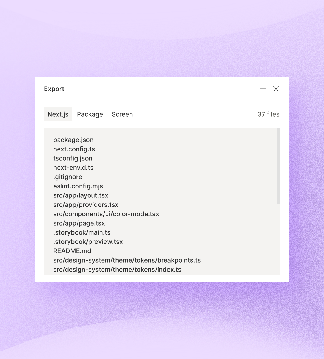 Shippp export window listing the generated Next.js project files.